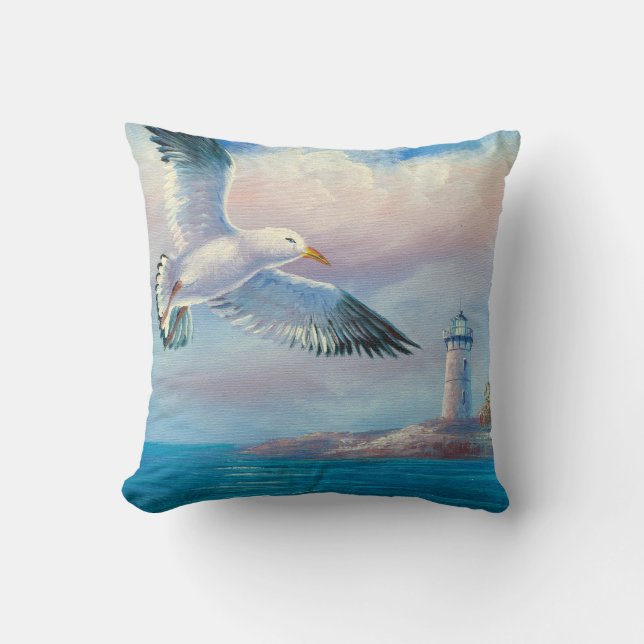 Painting Of A Seagull Flying Near A Lighthouse Cushion (Front)