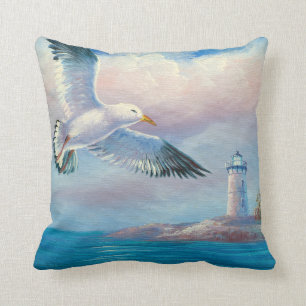 Painting Of A Seagull Flying Near A Lighthouse Cushion