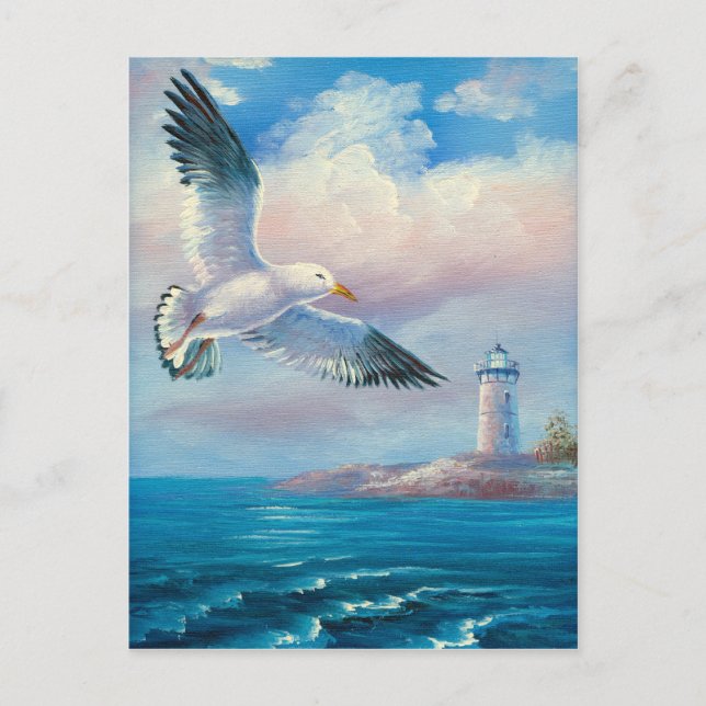 Painting Of A Seagull Flying Near A Lighthouse Postcard (Front)