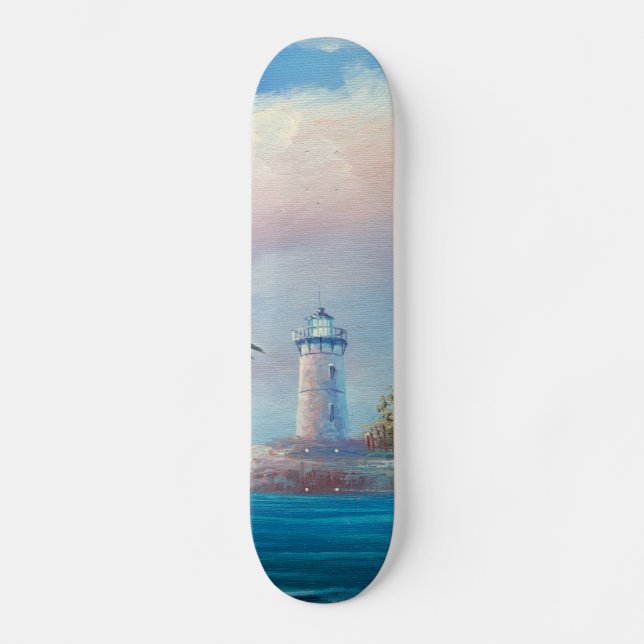 Painting Of A Seagull Flying Near A Lighthouse Skateboard (Front)