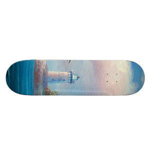 Painting Of A Seagull Flying Near A Lighthouse Skateboard