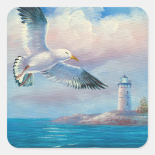 Painting Of A Seagull Flying Near A Lighthouse Square Sticker