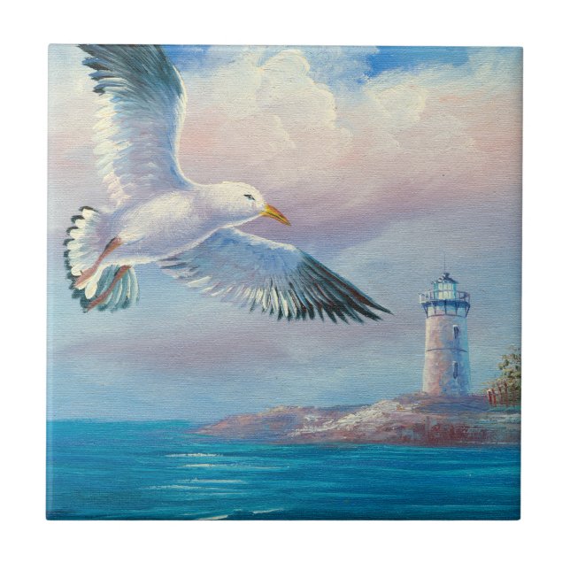 Painting Of A Seagull Flying Near A Lighthouse Tile (Front)