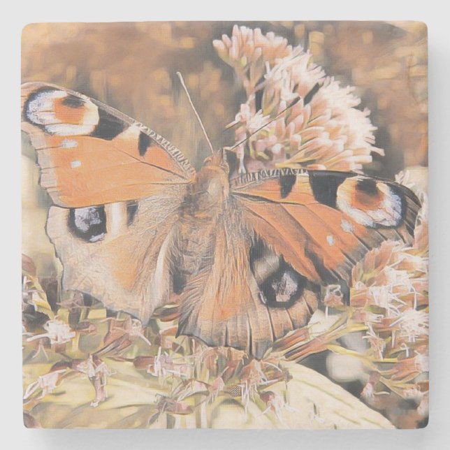 Painting of an orange and black butterfly on flowe stone coaster (Front)