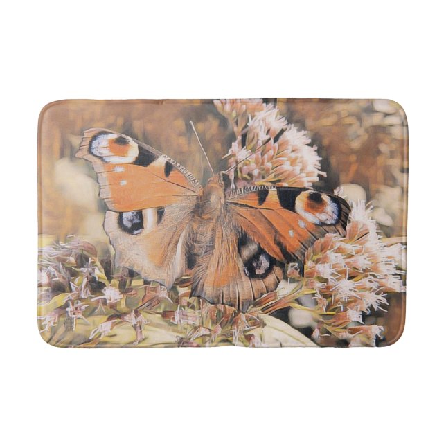 Painting of an orange butterfly on flowers bath ma bath mat (Front)