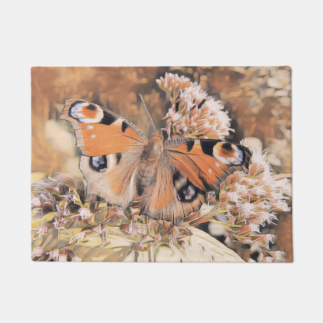 Painting of an orange butterfly on flowers doormat (Front)
