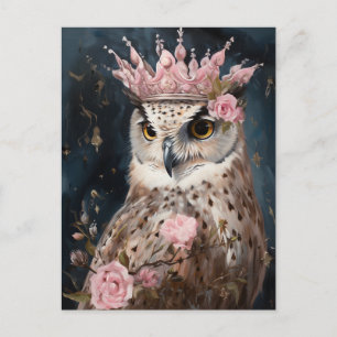 Painting of an owl with a crown and pink roses postcard