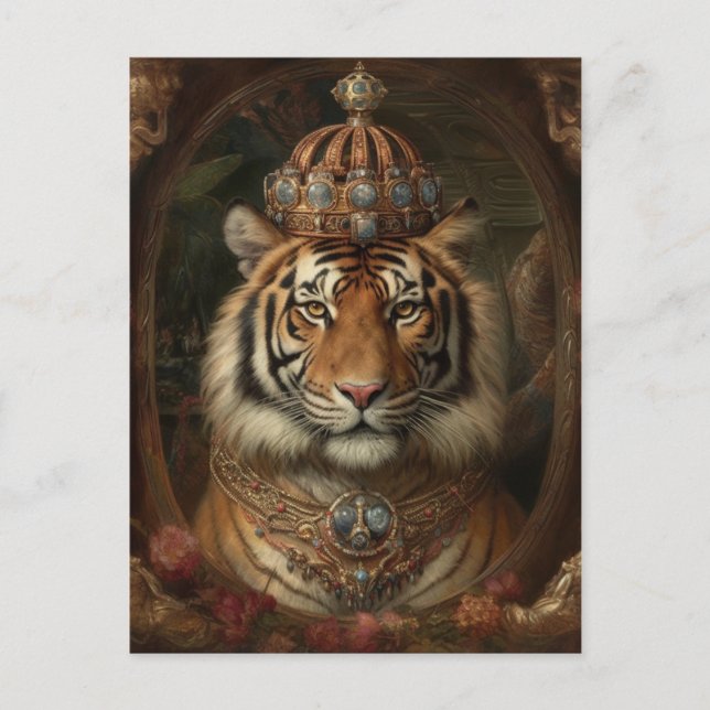 Painting of an tiger with a crown and flowers postcard (Front)