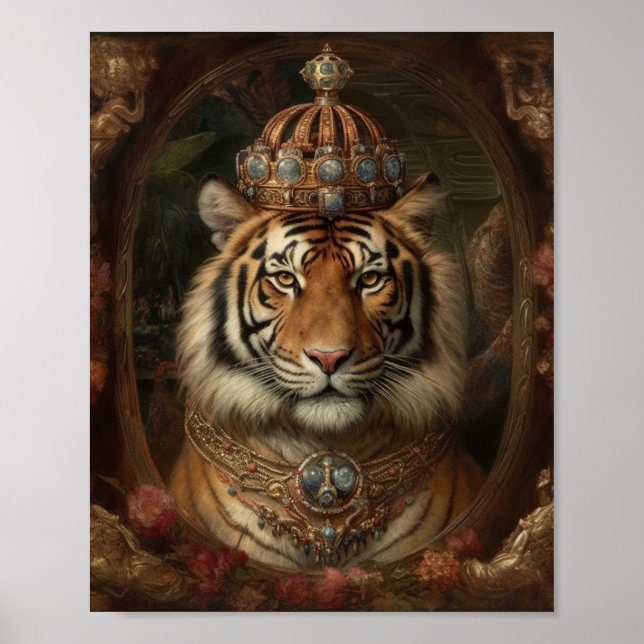 Painting of an tiger with a crown and flowers poster (Front)