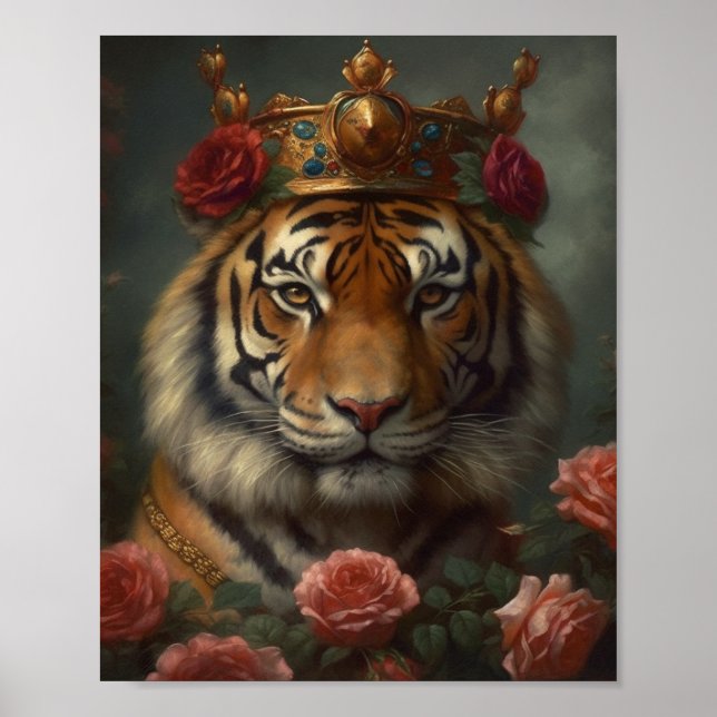Painting of an tiger with a crown and Roses Poster (Front)