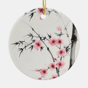 Painting of bamboo and cherry blossoms in wash  ceramic tree decoration