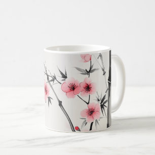 Painting of bamboo and cherry blossoms in wash coffee mug