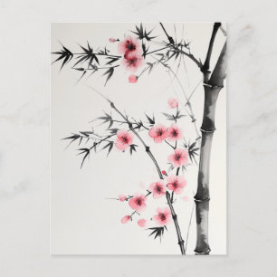 Painting of bamboo and cherry blossoms in wash  postcard