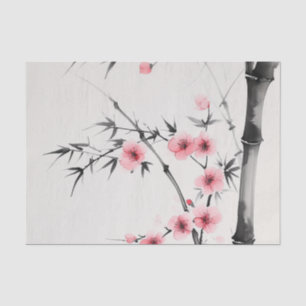 Painting of bamboo and cherry blossoms in wash  tissue paper