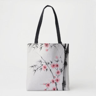 Painting of bamboo and cherry blossoms in wash  tote bag