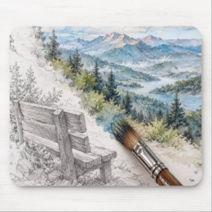 Painting of Bench Overlooking Mountain Valley Mouse Mat