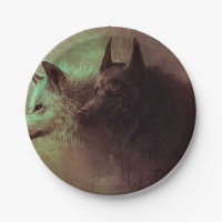 Painting of black wolf and white wolf.