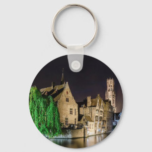 Painting of Bruges old town and Belfry tower Key Ring