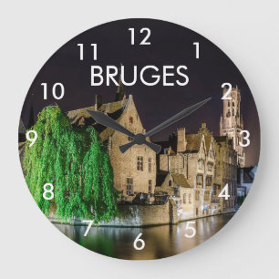 Painting of Bruges old town and Belfry tower Large Clock