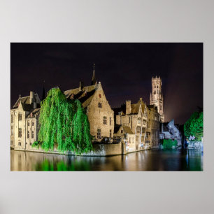 Painting of Bruges old town and Belfry tower Poster