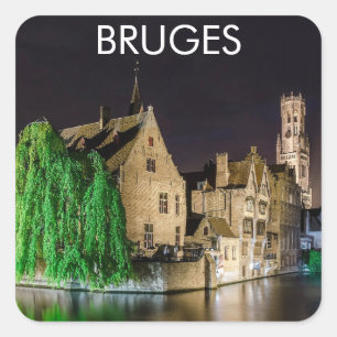 Painting of Bruges old town and Belfry tower Square Sticker