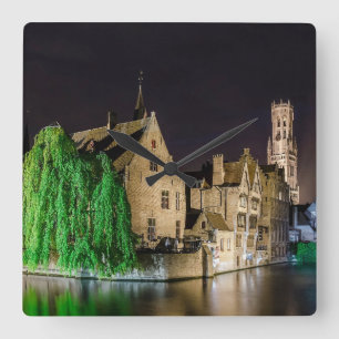 Painting of Bruges old town and Belfry tower Square Wall Clock
