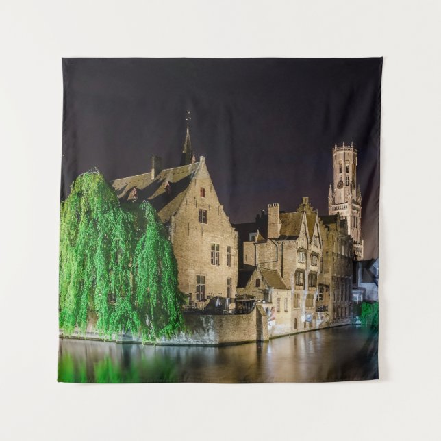 Painting of Bruges old town and Belfry tower Tapestry (Front)