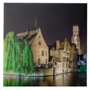 Painting of Bruges old town and Belfry tower Tile