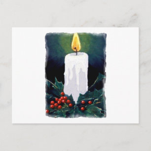 Painting of Candle and Holly: Christmas Holiday Postcard
