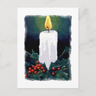 Painting of Candle and Holly: Christmas Holiday Postcard