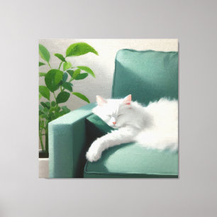 Painting of Cat Sleeping on a Green Couch Canvas Print