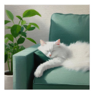 Painting of Cat Sleeping on a Green Couch Poster