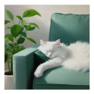 Painting of Cat Sleeping on a Green Couch Poster