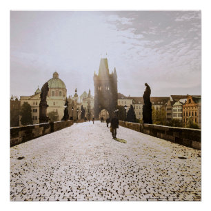 Painting of Charles bridge in Prague on sunrise Poster