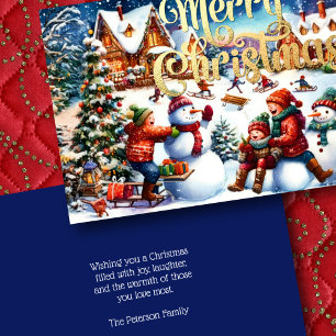 Painting of Children Winter Fun Snowmen Sledding Card