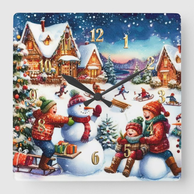 Painting of Children Winter Fun Snowmen Sledding Square Wall Clock (Front)