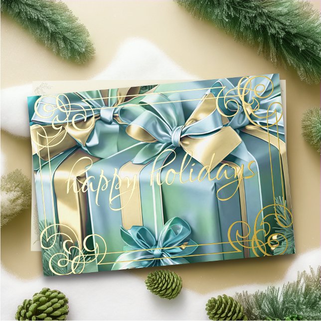 Painting of Christmas Gifts Blue Mint Holiday Card (Creator Uploaded)