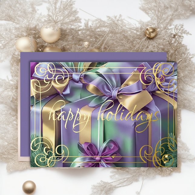 Painting of Christmas Gifts Lavender Purple Mint Foil Holiday Card (Creator Uploaded)