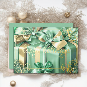 Painting of Christmas Gifts Mint Green Foil Holiday Card