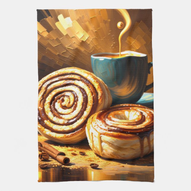 Painting of Coffee Cup and Cinnamon Rolls Abstract Tea Towel (Vertical)
