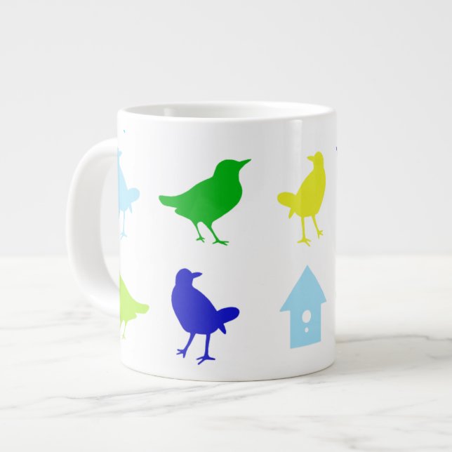 Painting of Coloured Birds by Chariklia Zarris Large Coffee Mug (Front Left)
