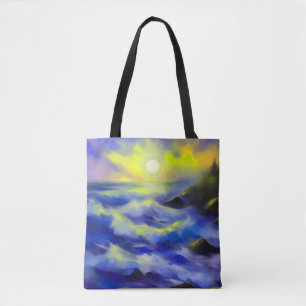 Painting of dark blue sea waves under the sun tote bag