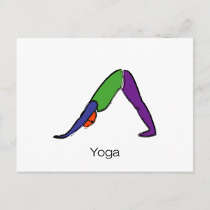 Painting of downward dog yoga pose with yoga text. postcard