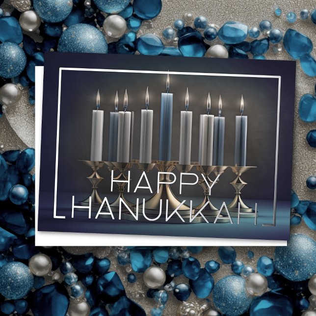 Painting of Elegant Menorah Gold Blue Foil Holiday Card (Creator Uploaded)