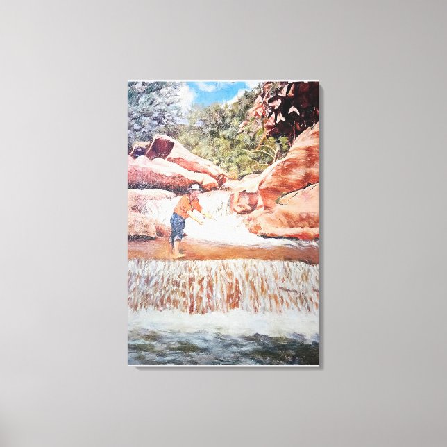 Painting of Fisherman In Waterfall Canvas Print (Front)