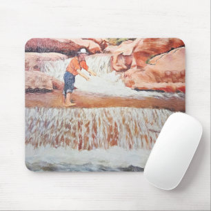 Painting of Fisherman In Waterfall Mouse Mat
