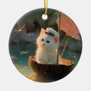 Painting of Fluffy White Kitten Sailing in Coconut Ceramic Tree Decoration