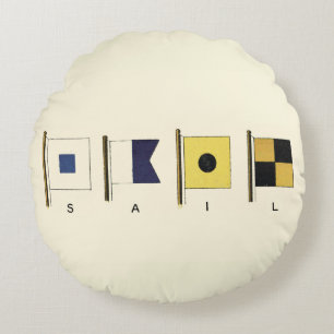 Painting of Four Flags with Sail Written Beneath Round Cushion