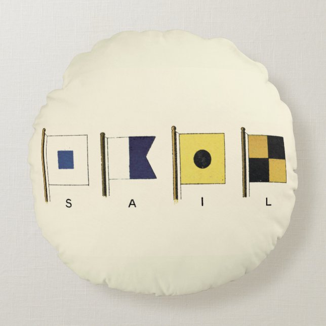 Painting of Four Flags with Sail Written Beneath Round Cushion (Front)