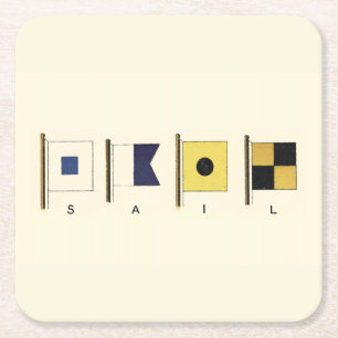 Painting of Four Flags with Sail Written Beneath Square Paper Coaster